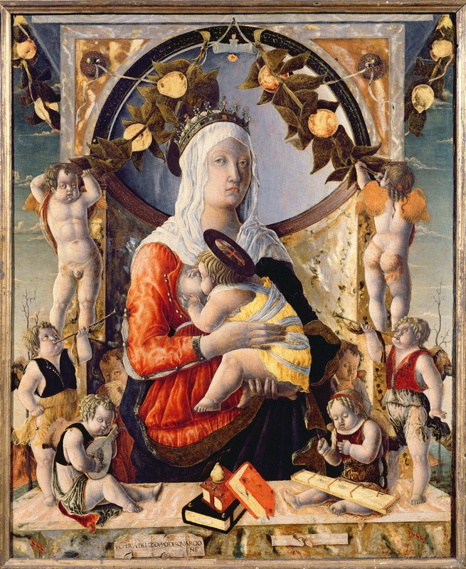 フランス　蚤の市　聖母子と天使の絵画 額装品　ブロカント Marco Zoppo - The Virgin and